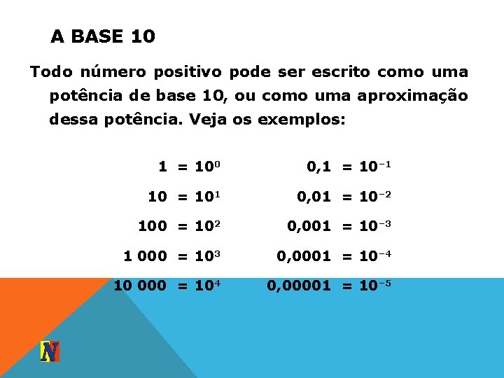 A BASE 10 Todo número positivo pode ser escrito como uma potência de base