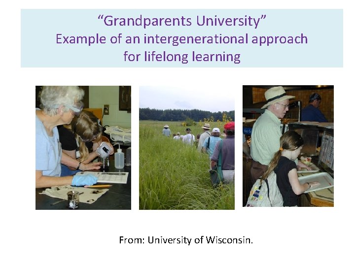 “Grandparents University” Example of an intergenerational approach for lifelong learning From: University of Wisconsin.