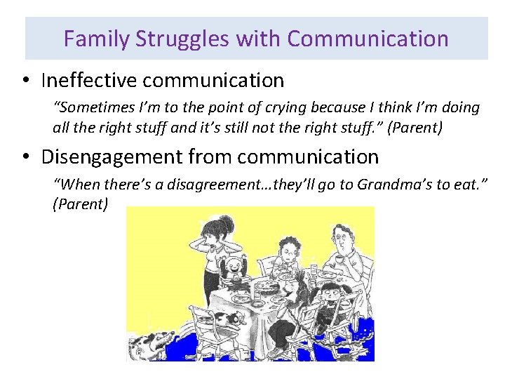 Family Struggles with Communication • Ineffective communication “Sometimes I’m to the point of crying