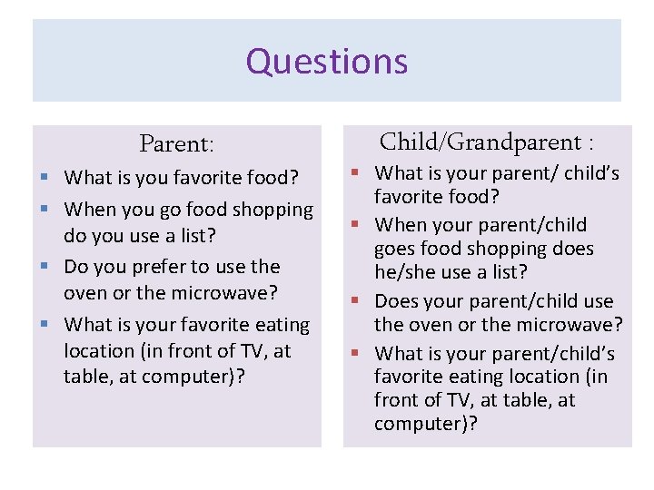 Questions Parent: § What is you favorite food? § When you go food shopping