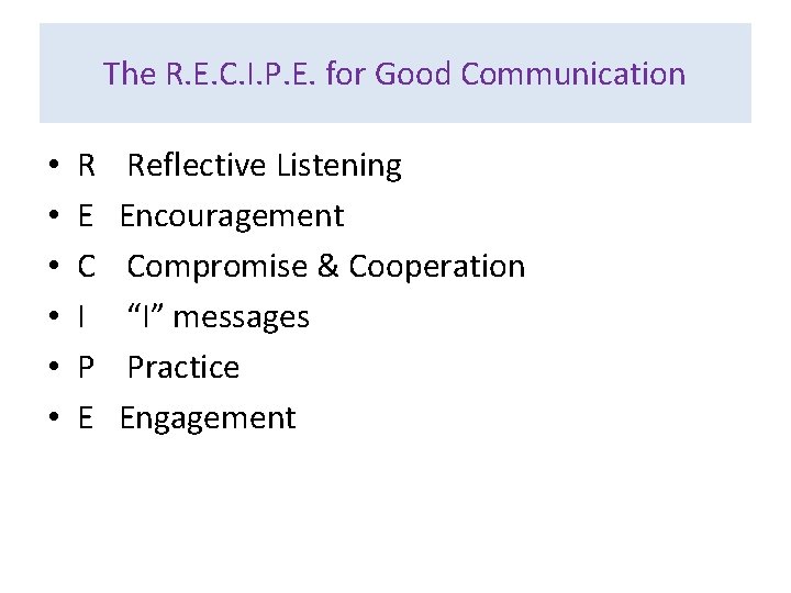 The R. E. C. I. P. E. for Good Communication • • • R