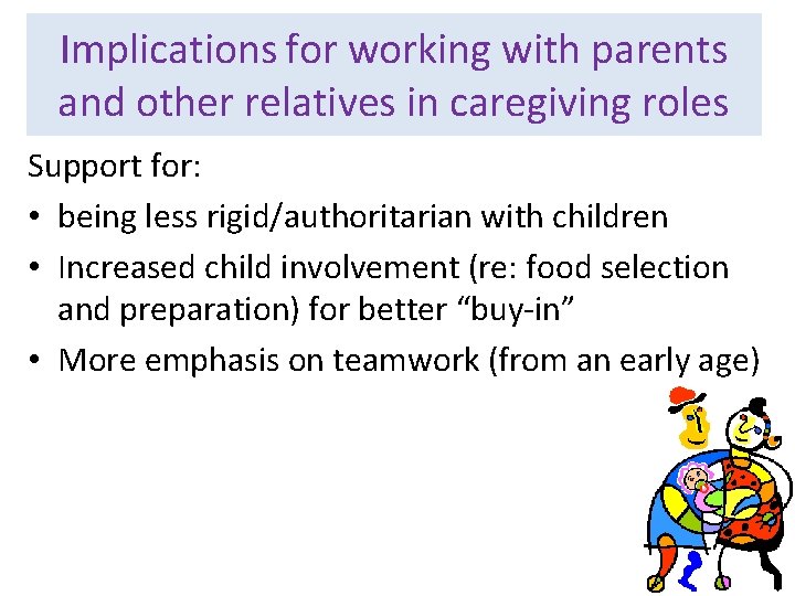 Implications for working with parents and other relatives in caregiving roles Support for: •