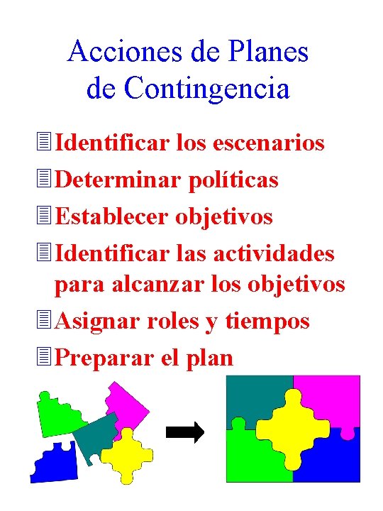 Acciones de Planes de Contingencia 3 Identificar los escenarios 3 Determinar políticas 3 Establecer