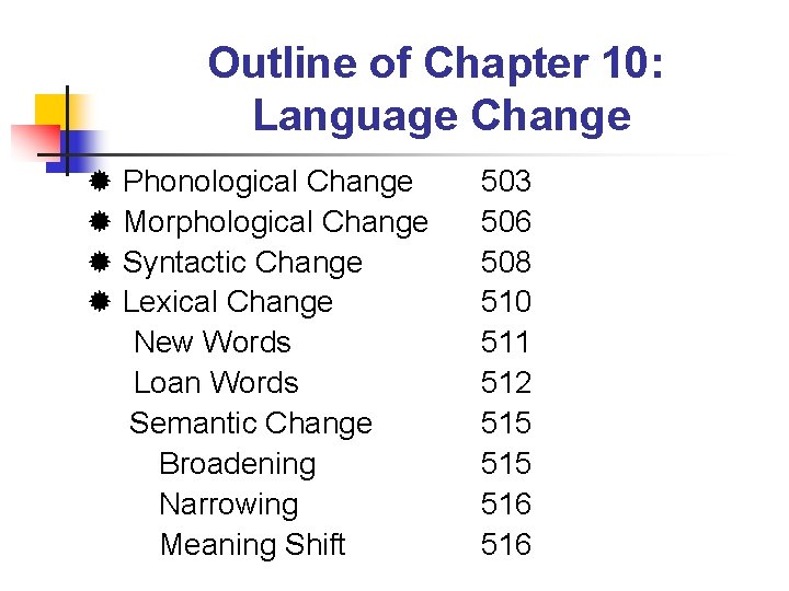 Outline of Chapter 10: Language Change Phonological Change Morphological Change Syntactic Change Lexical Change