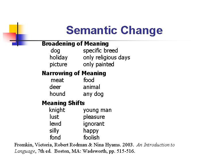Semantic Change Broadening of Meaning dog specific breed holiday only religious days picture only