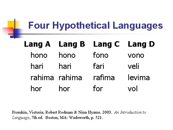 Four Hypothetical Languages Lang A hono hari rahima hor Lang B hono hari rahima