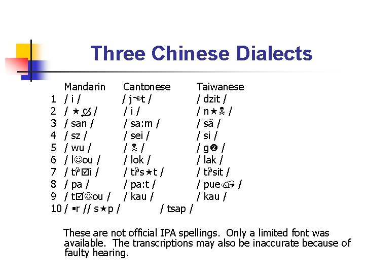 Three Chinese Dialects Mandarin Cantonese 1 /i/ / j t / 2 / /