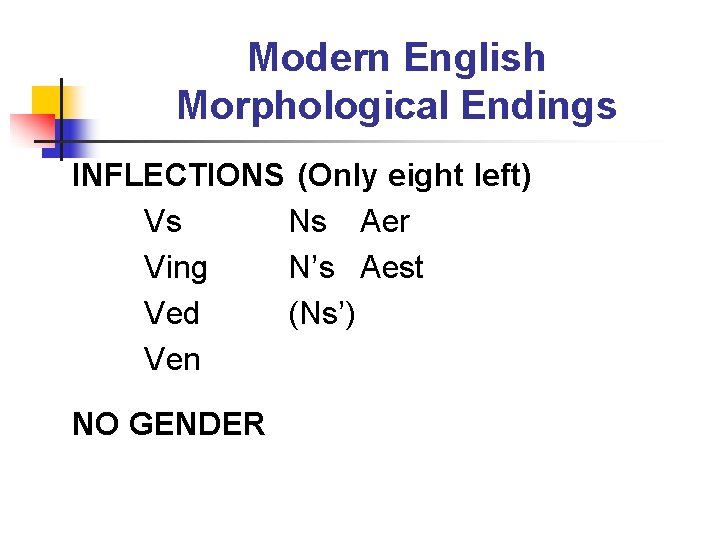 Modern English Morphological Endings INFLECTIONS (Only eight left) Vs Ns Aer Ving N’s Aest