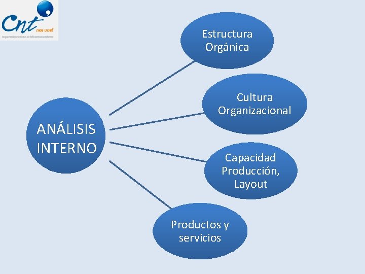 Estructura Orgánica Cultura Organizacional ANÁLISIS INTERNO Capacidad Producción, Layout Productos y servicios 