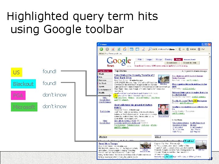 Highlighted query term hits using Google toolbar Microso US found! Blackout found! PGA don’t