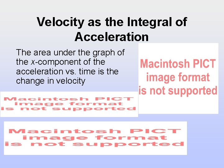 Velocity as the Integral of Acceleration The area under the graph of the x-component Velocity as the Integral of Acceleration The area under the graph of the x-component
