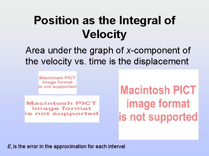 Position as the Integral of Velocity Area under the graph of x-component of the Position as the Integral of Velocity Area under the graph of x-component of the