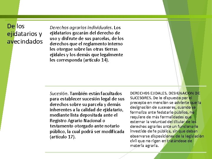 De los ejidatarios y avecindados Derechos agrarios individuales. Los ejidatarios gozarán del derecho de