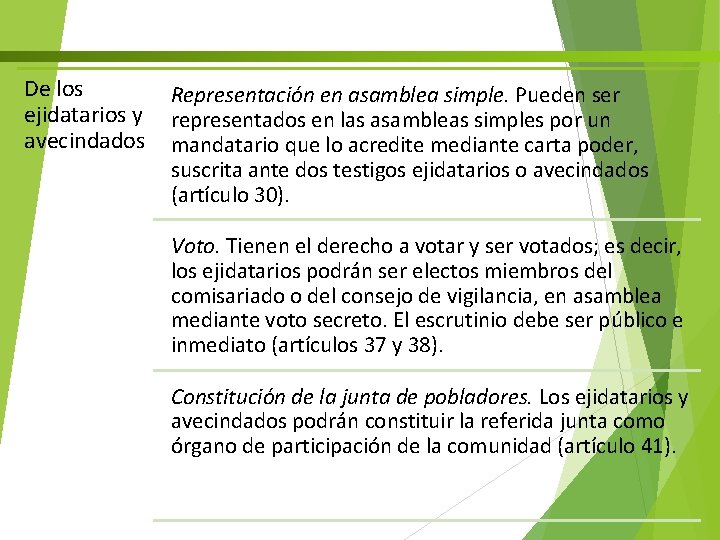 De los ejidatarios y avecindados Representación en asamblea simple. Pueden ser representados en las