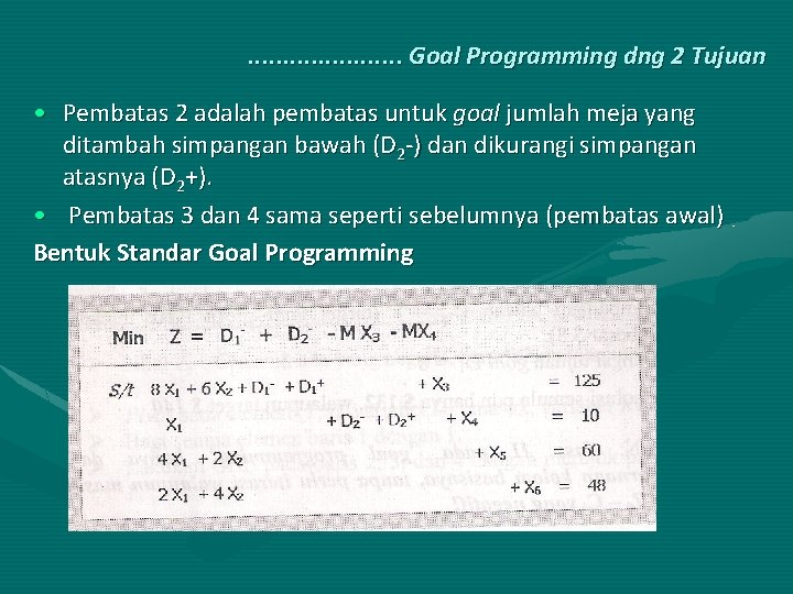 . . . . . Goal Programming dng 2 Tujuan • Pembatas 2 adalah