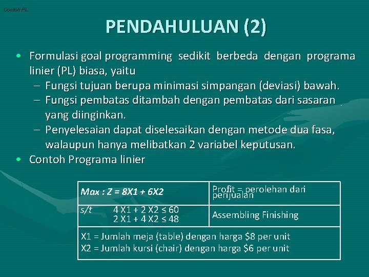 Contoh PL: PENDAHULUAN (2) • Formulasi goal programming sedikit berbeda dengan programa linier (PL)