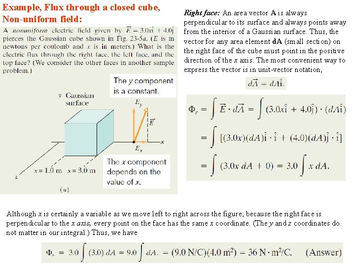 Example, Flux through a closed cube, Non-uniform field: Right face: An area vector A