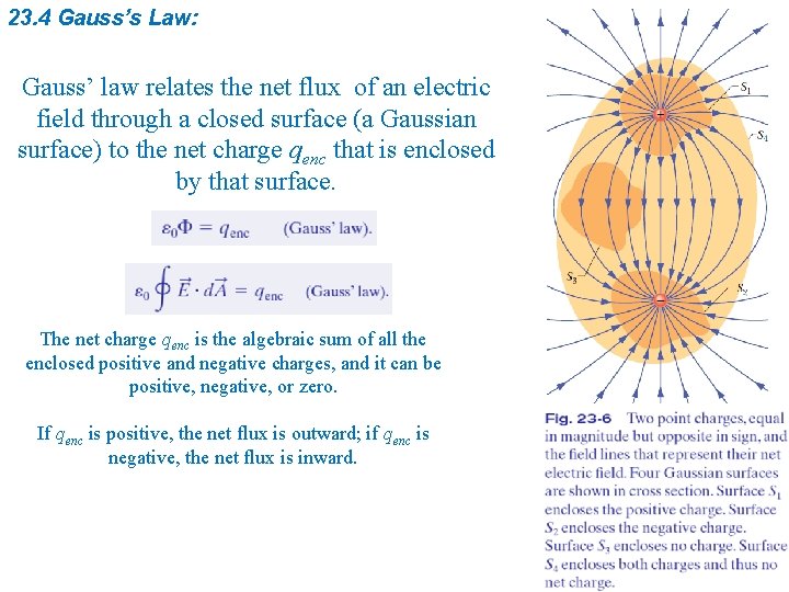 23. 4 Gauss’s Law: Gauss’ law relates the net flux of an electric field