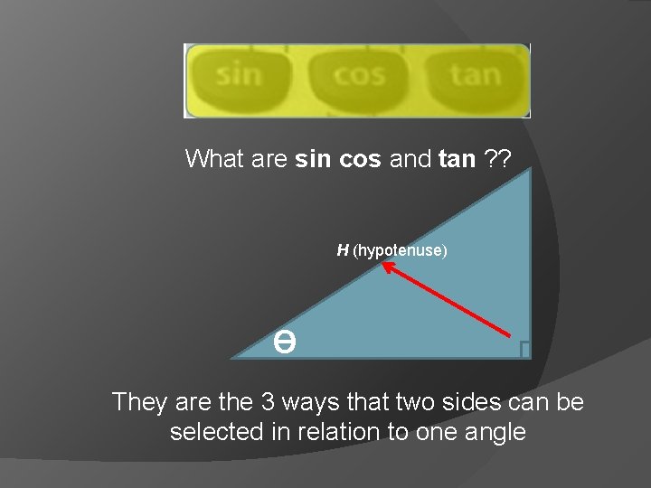 What are sin cos and tan ? ? H (hypotenuse) Ɵ They are the