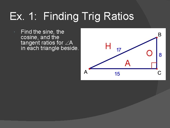 Ex. 1: Finding Trig Ratios Find the sine, the cosine, and the tangent ratios