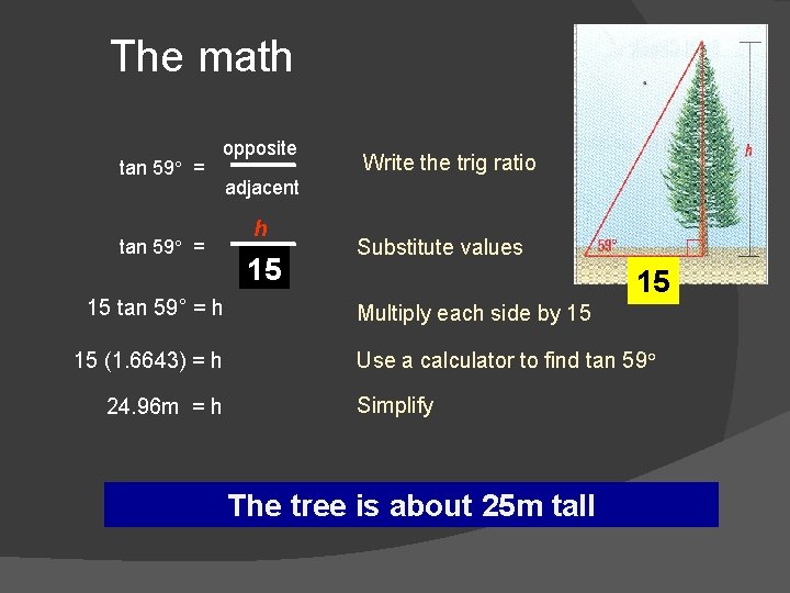 The math tan 59° = opposite tan 59° = 15 tan 59° = h