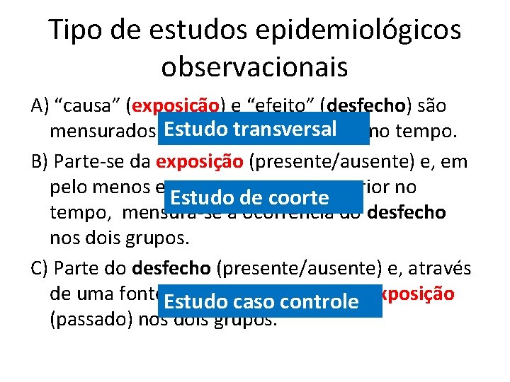 Tipo de estudos epidemiológicos observacionais A) “causa” (exposição) e “efeito” (desfecho) são Estudo transversal