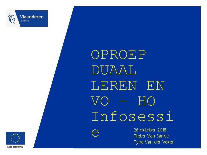 OPROEP DUAAL LEREN EN VO – HO Infosessi e 26 oktober 2018 Pieter Van