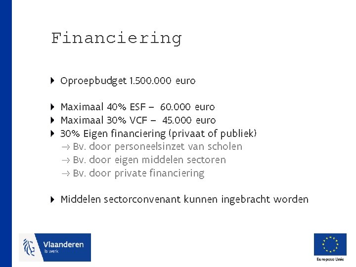 Financiering Oproepbudget 1. 500. 000 euro Maximaal 40% ESF – 60. 000 euro Maximaal