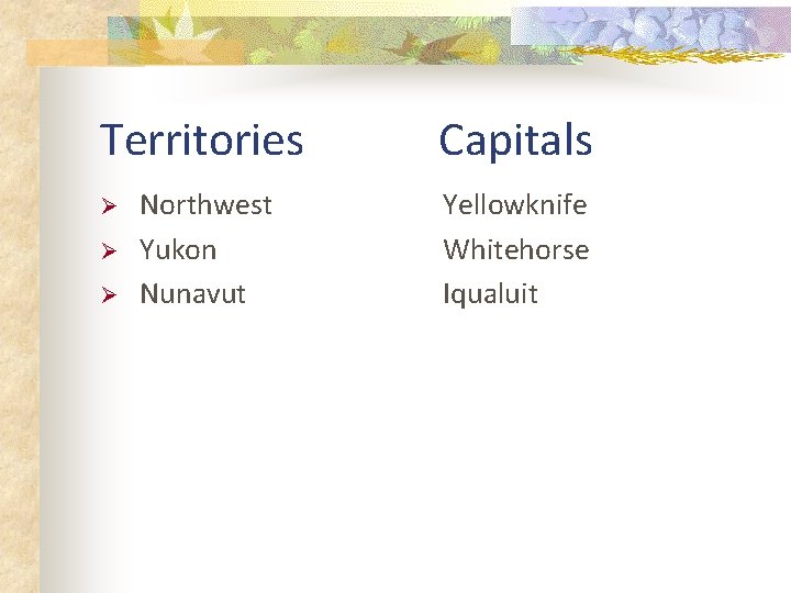 Territories Capitals Northwest Yukon Nunavut Yellowknife Whitehorse Iqualuit Ø Ø Ø 
