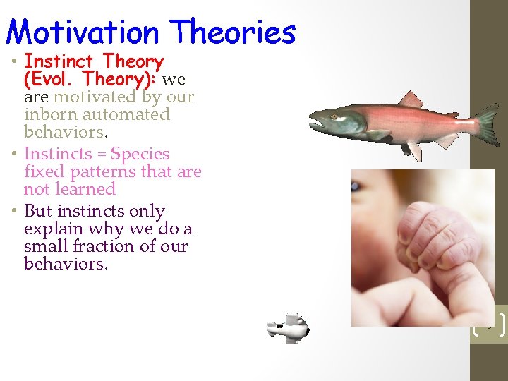 Motivation Theories • Instinct Theory (Evol. Theory): we are motivated by our inborn automated