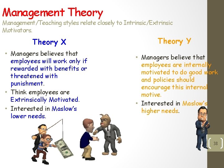 Management Theory Management/Teaching styles relate closely to Intrinsic/Extrinsic Motivators. Theory X • Managers believes