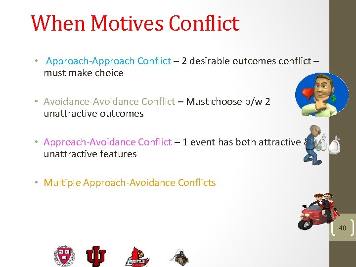 When Motives Conflict • Approach-Approach Conflict – 2 desirable outcomes conflict – must make
