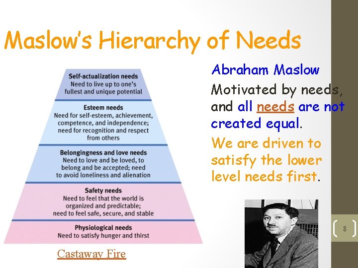 Maslow’s Hierarchy of Needs • Abraham Maslow • Motivated by needs, and all needs