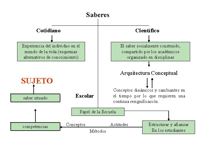 Saberes Cotidiano Científico Experiencia del individuo en el mundo de la vida (esquemas alternativos