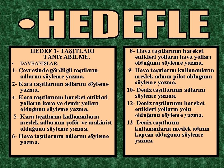 HEDEF 1 - TAŞITLARI TANIYABİLME. • DAVRANIŞLAR: 1 - Çevresinde gördüğü taşıtların adlarını söyleme