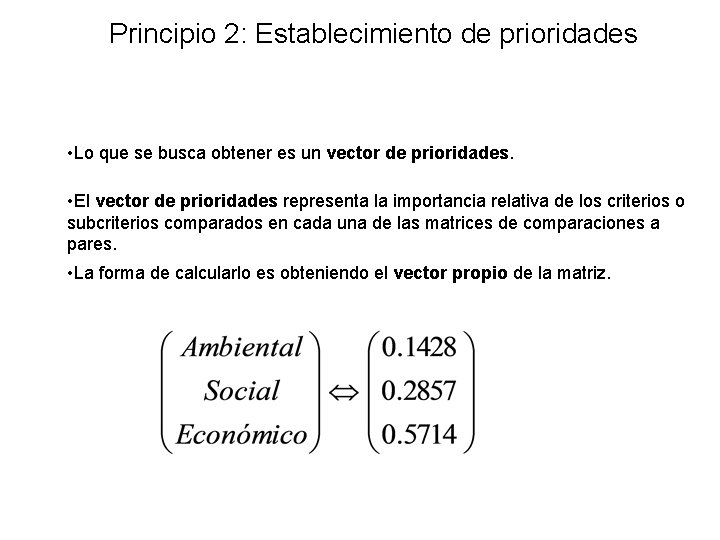 Principio 2: Establecimiento de prioridades • Lo que se busca obtener es un vector Principio 2: Establecimiento de prioridades • Lo que se busca obtener es un vector
