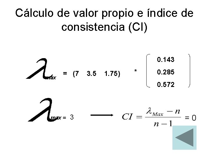 Cálculo de valor propio e índice de consistencia (CI) 0. 143 max = (7 Cálculo de valor propio e índice de consistencia (CI) 0. 143 max = (7