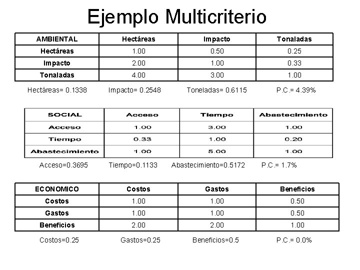 Ejemplo Multicriterio AMBIENTAL Hectáreas Impacto Tonaladas Hectáreas 1. 00 0. 50 0. 25 Impacto Ejemplo Multicriterio AMBIENTAL Hectáreas Impacto Tonaladas Hectáreas 1. 00 0. 50 0. 25 Impacto