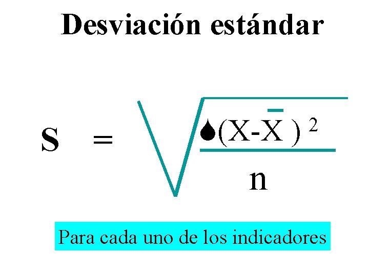 Desviación estándar S = (X-X ) 2 n Para cada uno de los indicadores Desviación estándar S = (X-X ) 2 n Para cada uno de los indicadores