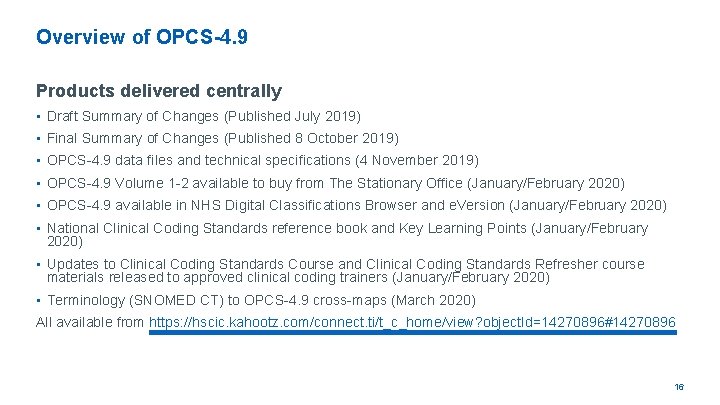 Overview of OPCS-4. 9 Products delivered centrally • Draft Summary of Changes (Published July