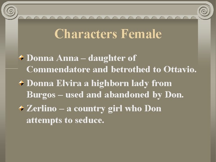 Characters Female Donna Anna – daughter of Commendatore and betrothed to Ottavio. Donna Elvira