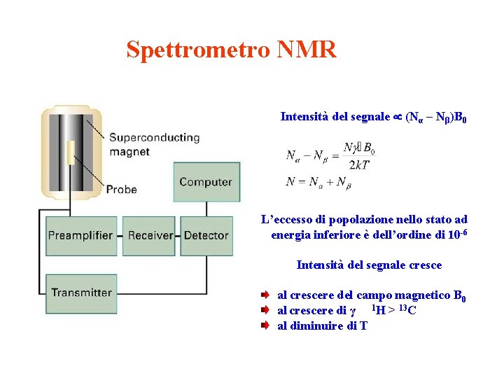 Spettrometro NMR Intensità del segnale (Nα – Nβ)B 0 L’eccesso di popolazione nello stato