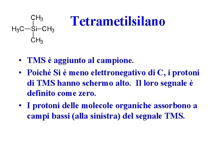 Tetrametilsilano • TMS è aggiunto al campione. • Poiché Si è meno elettronegativo di