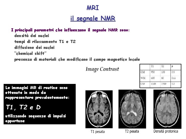 MRI il segnale NMR I principali parametri che influenzano il segnale NMR sono: Ødensità