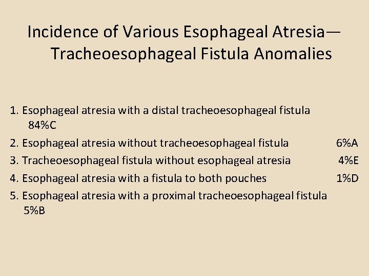 Incidence of Various Esophageal Atresia— Tracheoesophageal Fistula Anomalies 1. Esophageal atresia with a distal