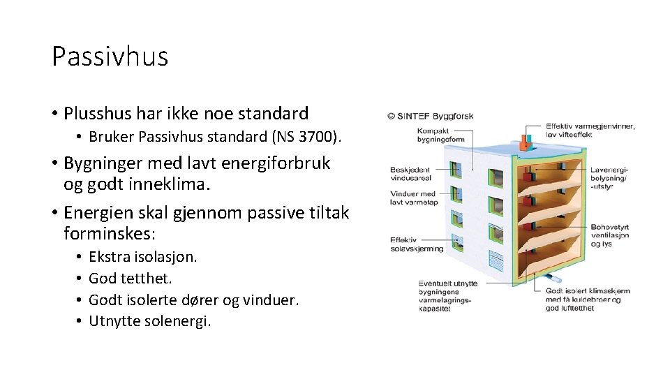 Passivhus • Plusshus har ikke noe standard • Bruker Passivhus standard (NS 3700). •