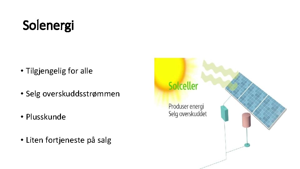 Solenergi • Tilgjengelig for alle • Selg overskuddsstrømmen • Plusskunde • Liten fortjeneste på