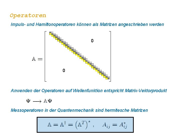 Operatoren Impuls- und Hamiltonoperatoren können als Matrizen angeschrieben werden 0 0 Anwenden der Operatoren