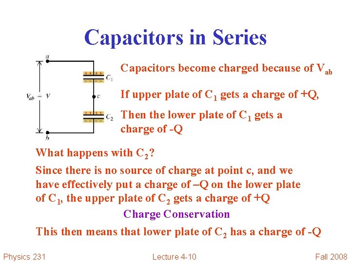 Capacitors in Series Capacitors become charged because of Vab If upper plate of C