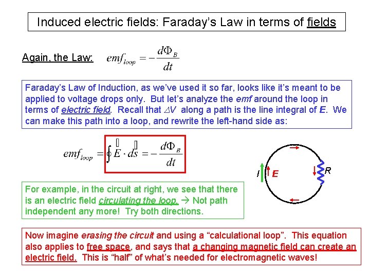 Induced electric fields: Faraday’s Law in terms of fields Again, the Law: Faraday’s Law